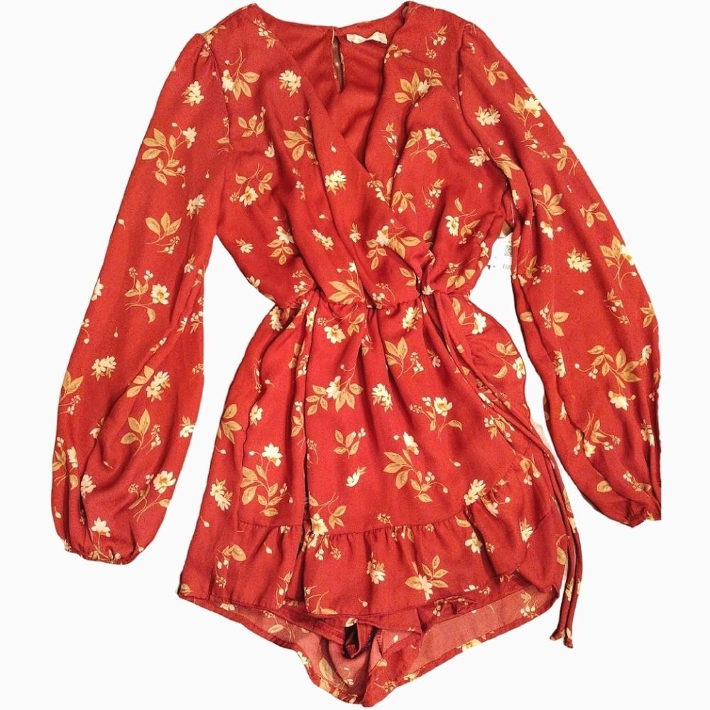 NWT Altar’d State Floral Romper, Long Sleeve Ruffle Detail, Cherry&Tan, Small